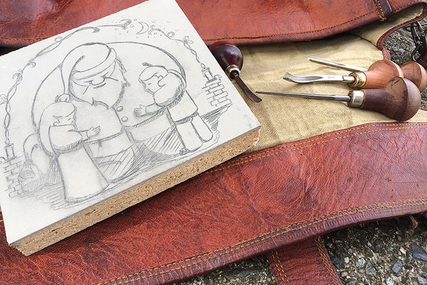 Paprika Press - "The Hug" original drawing for the linocut on the keyblock.