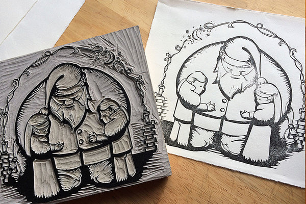 Paprika Press - "The Hug" key block linocut test printing in black.