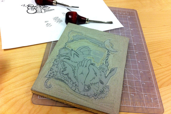 Paprika Press - Linocut carving progress on "Not Even A Mouse."