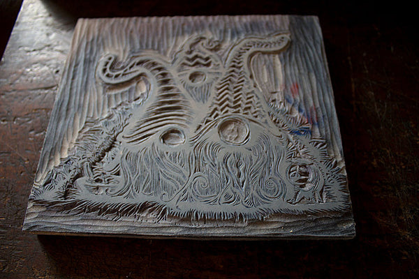 Paprika Press - "Tomte" linocut key block.