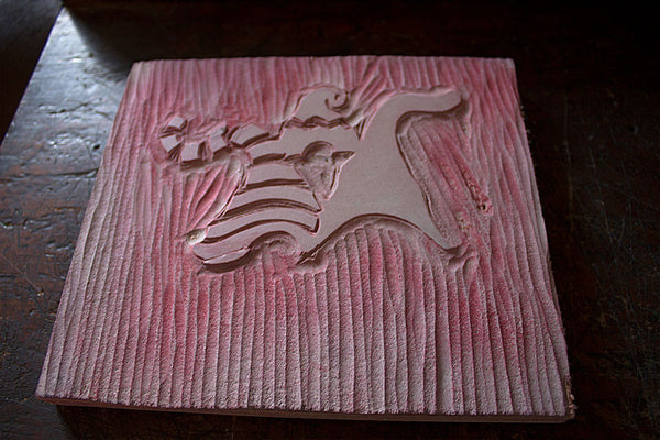 Paprika Press - "Tomte" linocut red block.